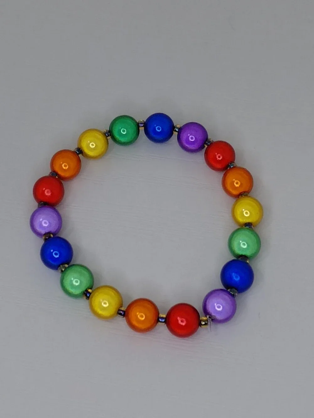 Hand Crafted Bright Rainbow Pearl Bead Stretch Bracelet 7.75 Inch